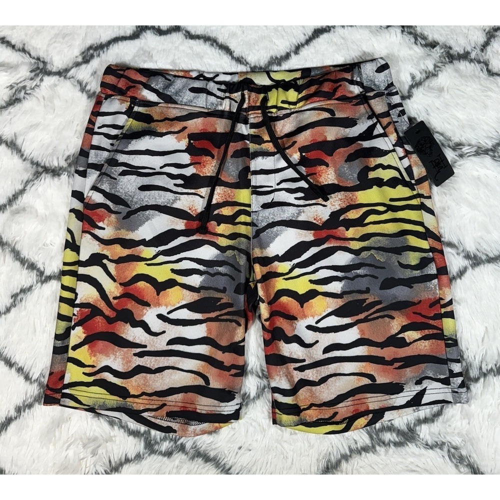 ED HARDY Tiger Print AOP Knit Sweat Shorts Stripe Multicolor Mens Sz M *NEW* $75